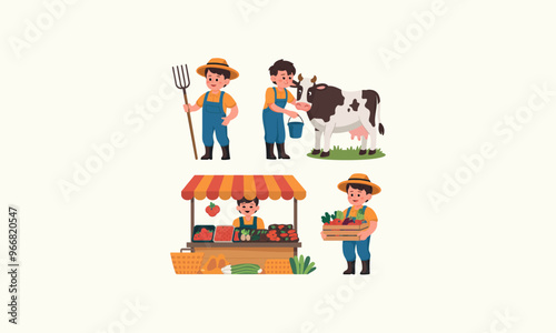 Farmers milking cow, selling vegetables, holding produce, working outdoors. photo