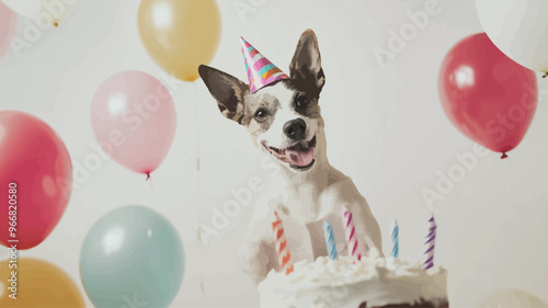 birthday party with cute dog on cake and balloons on white background