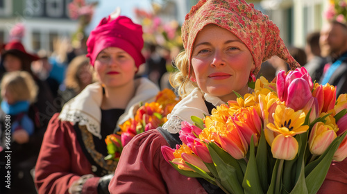 Tulip Time Festival, a street parade with participants dressed in traditional Dutch clothing, carrying giant bouquets of tulips, Ai generated images photo