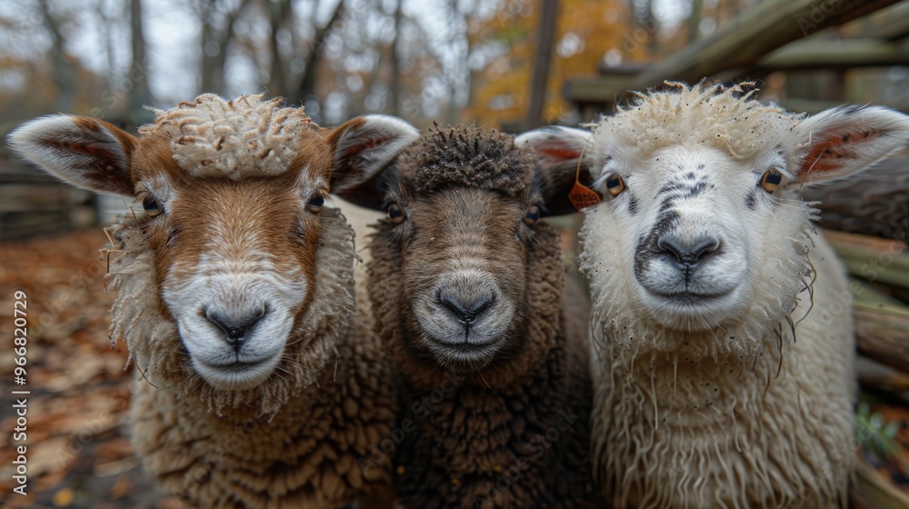 Three sheep of different colors looking at the camera. Three sheep of different colors looking at the camera.