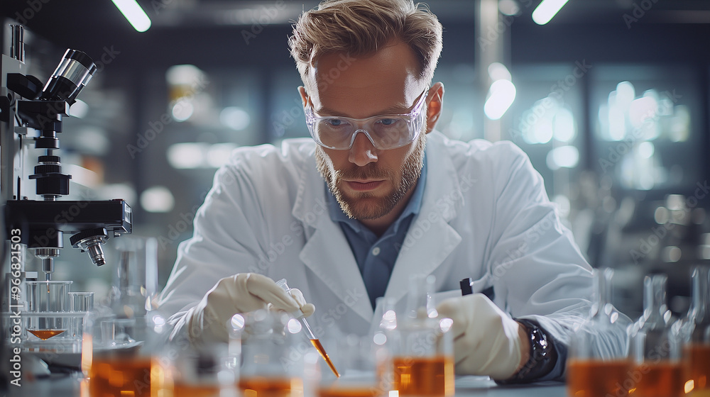 A solitary scientist in a lab coat conducting an experiment in a modern laboratory, carefully mixing chemicals in a beaker A solitary scientist in a lab coat conducting an experiment in a modern laboratory, carefully mixing chemicals in a beaker