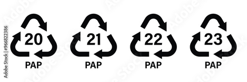 Paper recycling codes vector icon set. Paper cardboard boxes recycling codes PAP 20, 21, 22, 23 for industrial and factory uses.