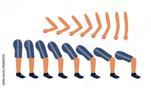 Fitness guy constructor. Man in sportive uniform. Kit for creating cartoons. Pack of feet, hands and legs. Active lifestyle and sports. Flat vector collection