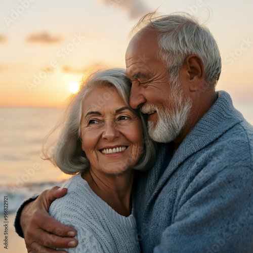 An elderly couple shares an embrace on the beach.