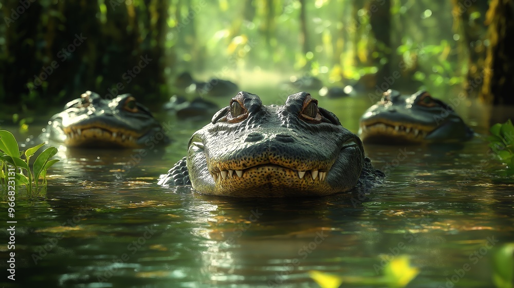 Fototapeta premium Alligator emerging from the water in a swamp with sunlight filtering through the trees, close-up wildlife scene in a tropical jungle