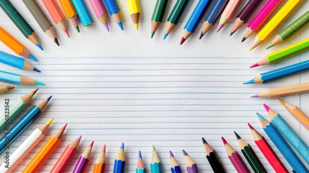 A group of colorful pencils surrounding a lined notebook, symbolizing creativity and writing. A group of colorful pencils surrounding a lined notebook, symbolizing creativity and writing.