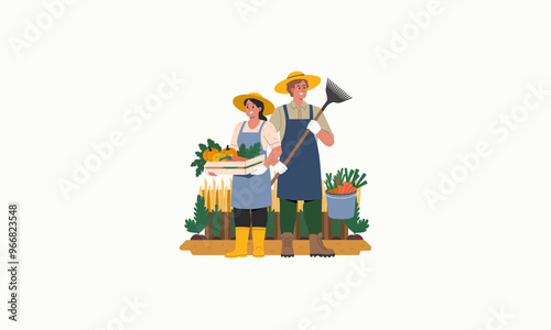 A farming family holding vegetables, tools, and smiling happily together.