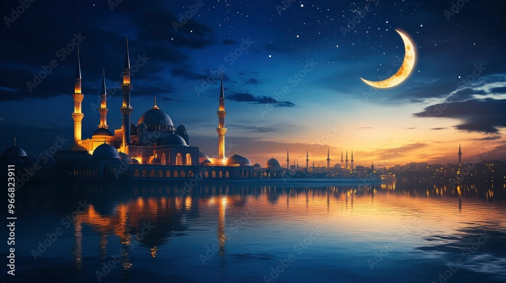 Naklejka premium closeup Mosque and crescent moon on dark blue sky, reflection on water. Ramadan concept,. dramatic view with generative ai