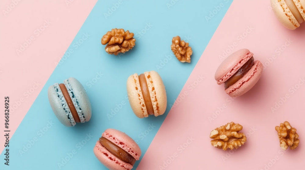 Macarons and Walnuts on Pink and Blue Background.