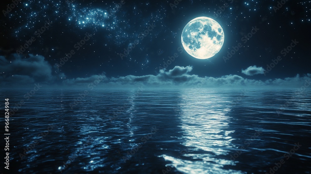 Nighttime Seascape with Full Moon and Stars Reflecting on the Water