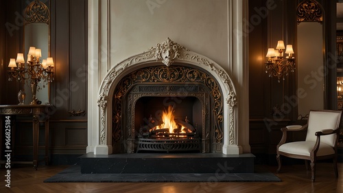 Art Nouveau fireplace flames. Bright fire burns in a beautifully ornate Art Nouveau-style fireplace. Elegant, creative atmosphere. Realistic style. photo