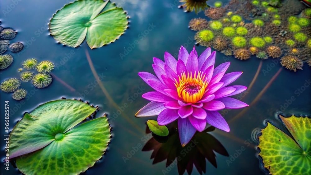 Purple lotus and pink water lily flowers in a winter lake aerial view