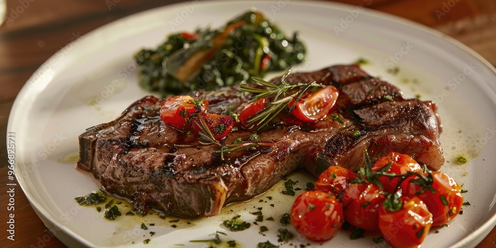 Ribeye steak accompanied by entrecôte and roasted tomatoes Ribeye steak accompanied by entrecôte and roasted tomatoes