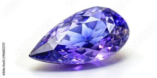 Purple pear shape tanzanite gemstone on white background. Low angle view.