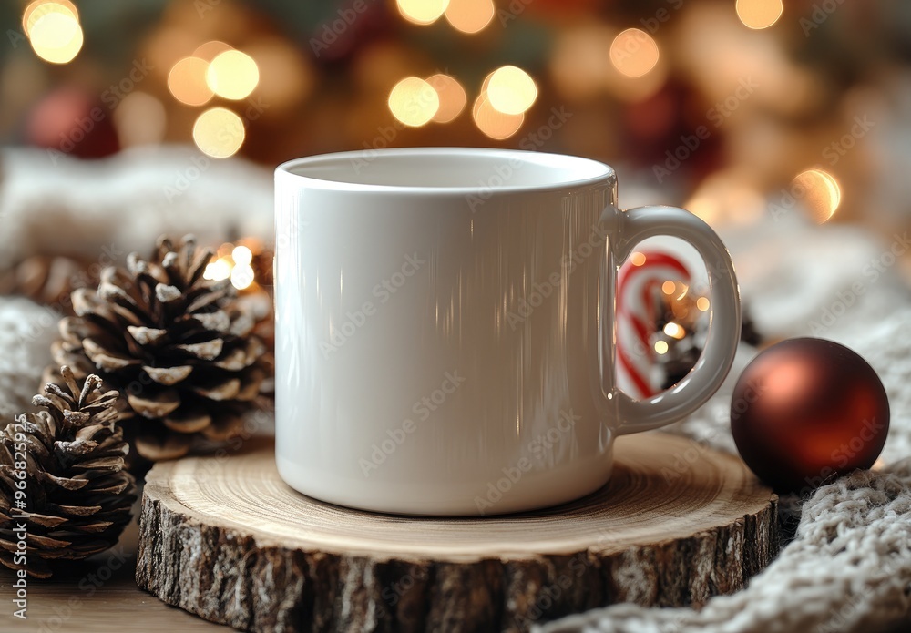 White Mug on Wooden Slice with Christmas Lights White Mug on Wooden Slice with Christmas Lights