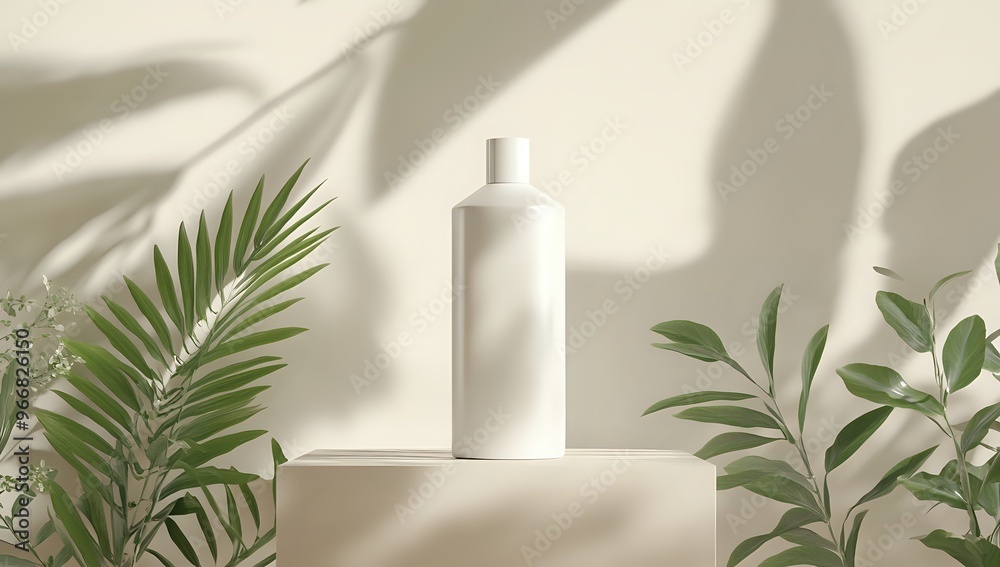 Minimalist product mockup with a white bottle, pink podium and green plants. Minimalist product mockup with a white bottle, pink podium and green plants.