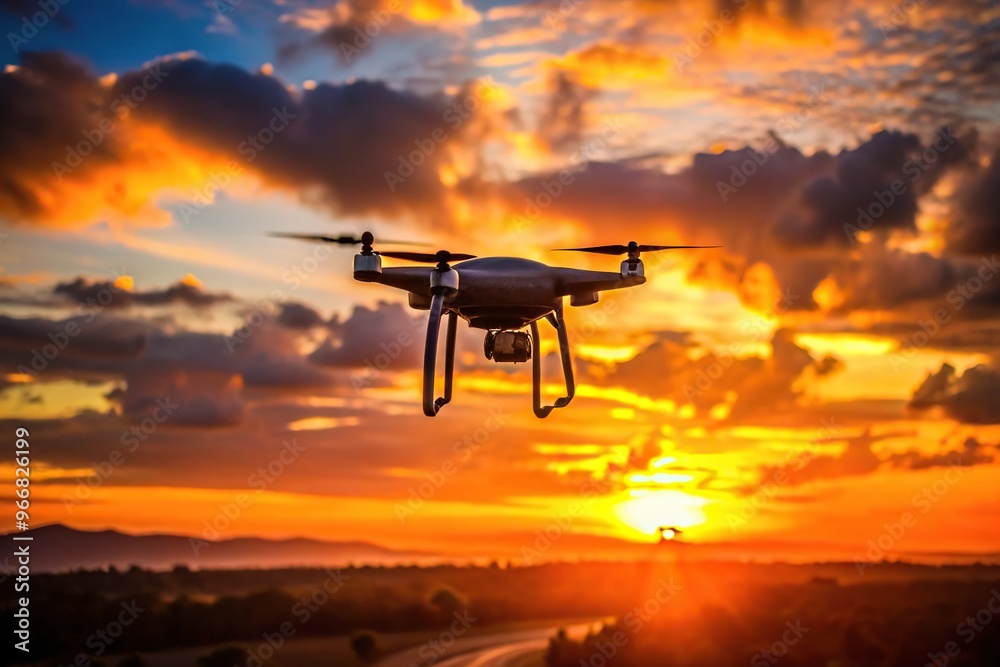 Quadcopter flying in front of a beautiful sunset sky Quadcopter flying in front of a beautiful sunset sky