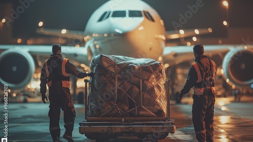 Ground crew lifting passengers' luggage into the cargo hold of an airplane, team collaboration, sharp focus on action, natural lighting.