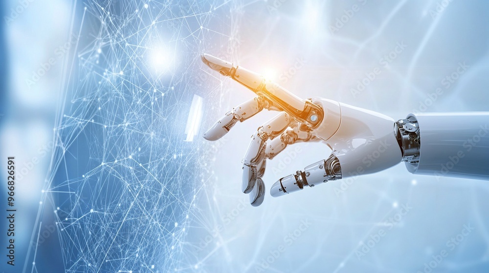 Fototapeta premium AI, Machine learning, Hands of robot and human touching on big data network connection background, Science and artificial intelligence technology, innovation and futuristic. generative ai