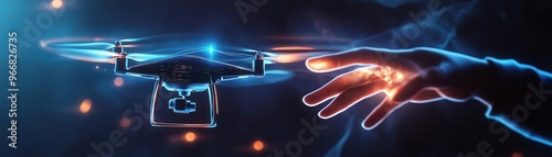 A futuristic drone hovering near an illuminated hand, showcasing technology and innovation in a captivating light display.