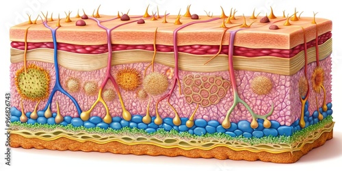 Illustration of human skin's epidermal layers, showcasing stratum corneum, lucidum, granulosum, spinosum, and basale, with detailed cellular structures and skin texture.