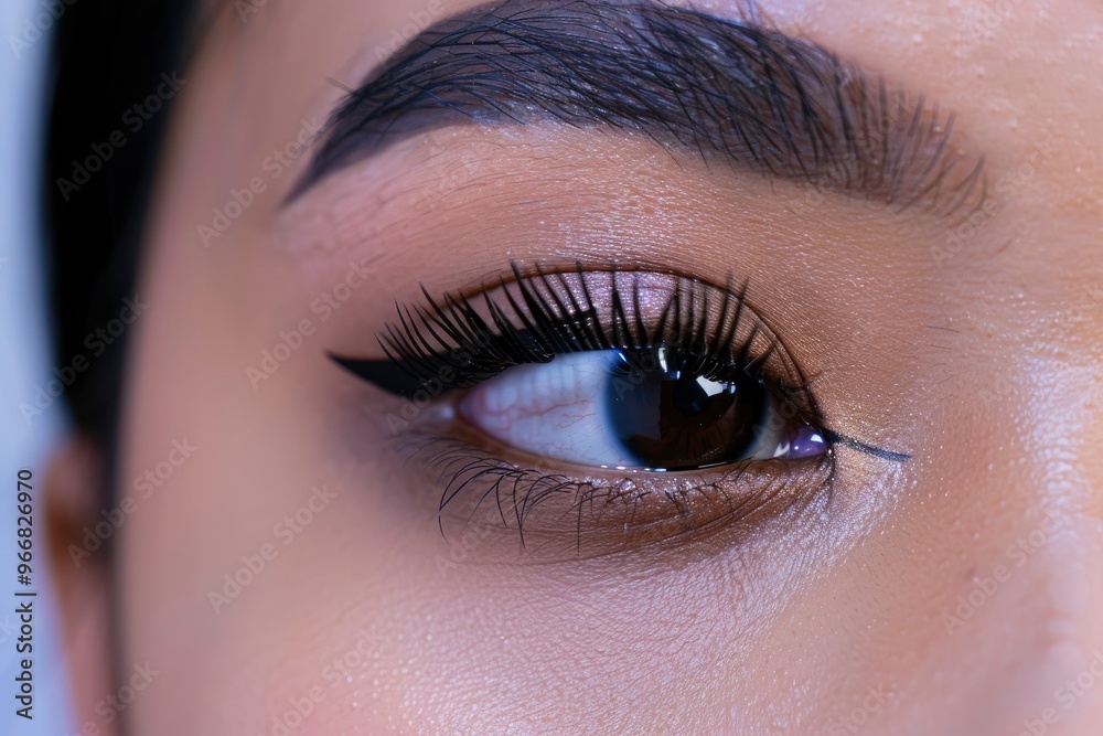Obraz premium Close-up photograph of a left open eye, dark brown iris, natural black eyebrow, tan Malay skin, subtle eyeshadow, with generative ai