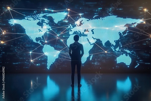 A person stands in front of a digital world map, representing global connectivity and technological advancement.
