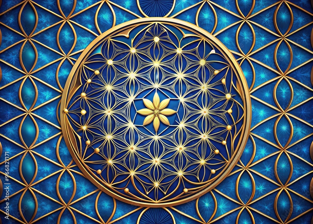 Intricate geometric flower of life pattern in shades of blue and gold, featuring interconnected sacred symbols and circles, ideal for spiritual and mystical designs. Intricate geometric flower of life pattern in shades of blue and gold, featuring interconnected sacred symbols and circles, ideal for spiritual and mystical designs.