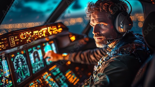 Pilot adjusting the flight controls mid-flight, focused on navigation instruments, high-tech cockpit, soft lighting from dashboard screens. photo