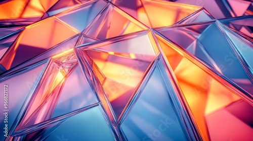 Abstract Geometric Pattern with Blue, Orange, and Pink Glass