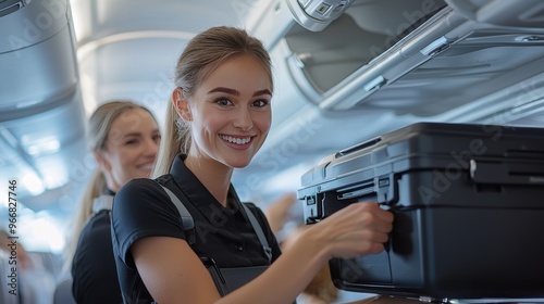 Flight attendant helping a passenger place luggage in the overhead bin, smiling and attentive, soft cabin lighting, clear focus on interaction.