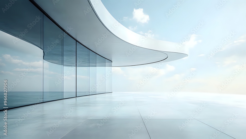 Modern architecture with a curved glass wall and a view of a blue sky. Modern architecture with a curved glass wall and a view of a blue sky.