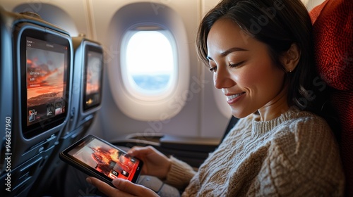 Passenger browsing the in-flight entertainment system, touchscreen controls on the seatback, soft lighting, clear focus on technology. photo
