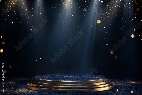 Dark blue stage with golden spotlight lines and glitter texture for award ceremony design. Realistic 3d abstract premium elegant glamour background.generative ai