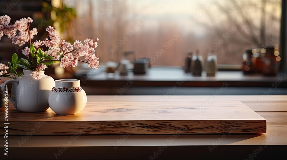 A cozy kitchen table scene with natural light and pink flowers on the counter, A cozy kitchen table scene with natural light and pink flowers on the counter,