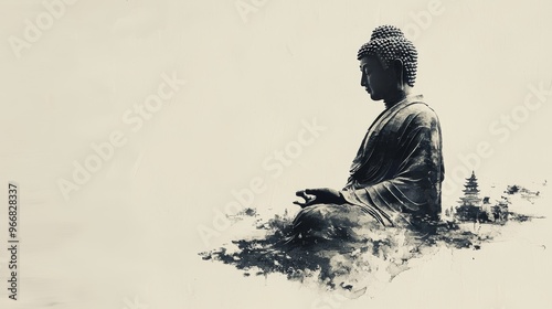 Fototapeta Naklejka Na Ścianę i Meble -  minimalism zen style of Ink painting in old Japanese style, sharp cut with fast stroke of Thai Buddha on paper