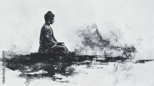 minimalism zen style of Ink painting in old Japanese style, sharp cut with fast stroke of Thai Buddha on paper