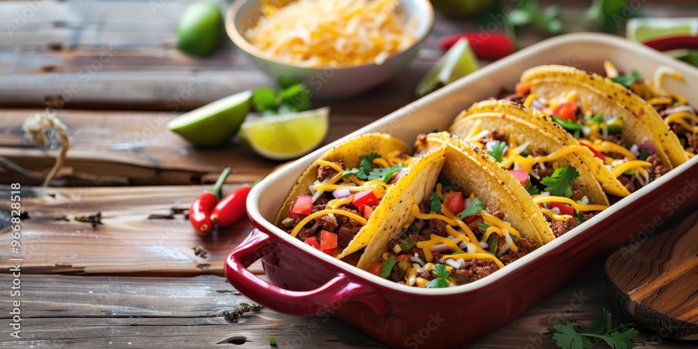 Baked Beef, Vegetable, Cheese, and Salsa Tacos in a Red Casserole on a Rustic Table Baked Beef, Vegetable, Cheese, and Salsa Tacos in a Red Casserole on a Rustic Table
