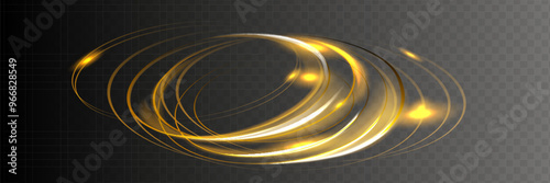 White shiny sparks spiral wave. A curved bright line of speed is spinning. Shiny wavy path. Rotating dynamic neon circle. Magical golden swirl with highlights.