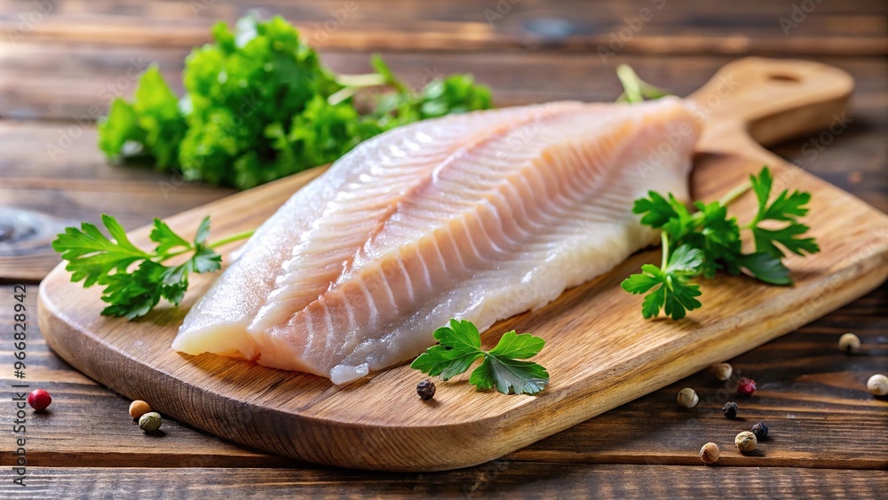 Raw fish fillet with parsley on cutting board Raw fish fillet with parsley on cutting board