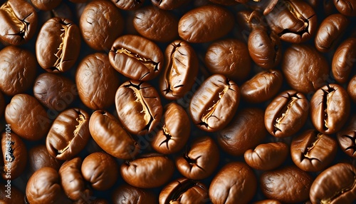 Rich texture of roasted coffee beans in close-up, showcasing deep brown hues and inviting aromas. photo