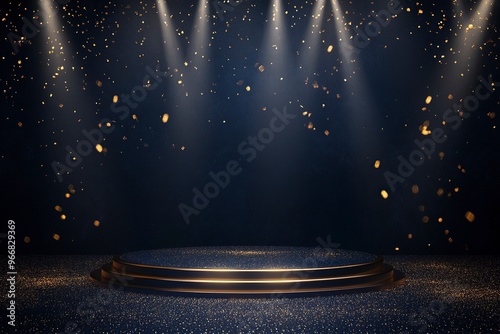 Dark blue stage with golden spotlight lines and glitter texture for award ceremony design. Realistic 3d abstract premium elegant glamour background.generative ai