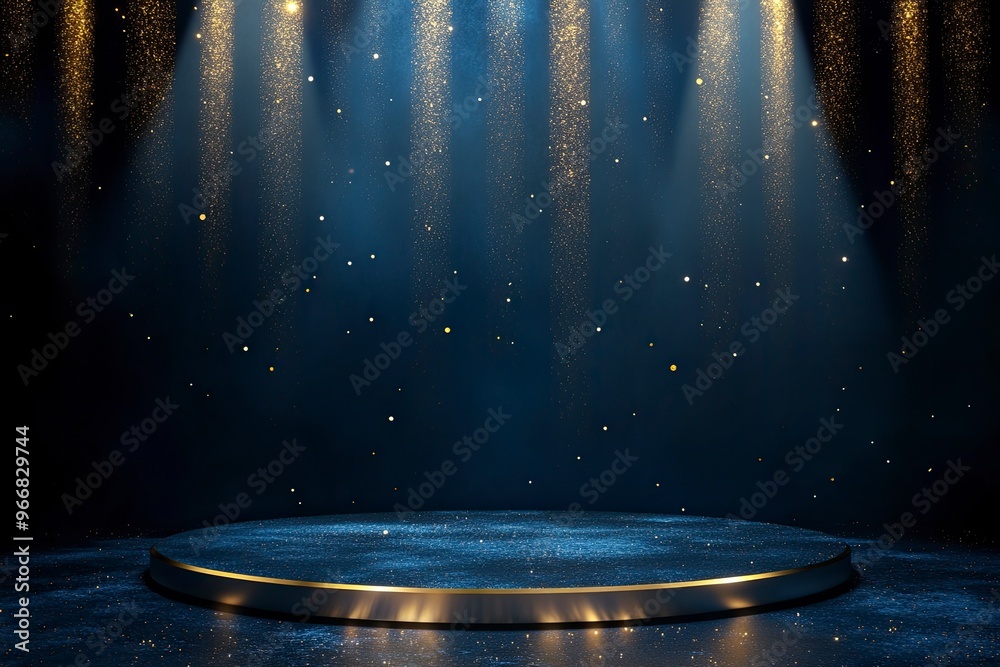 Dark blue stage with golden spotlight lines and glitter texture for ...