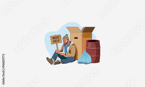 A homeless man holding a Need Help sign, sitting down