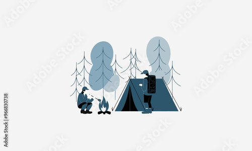 Two campers setting up tent and campfire in the forest.
