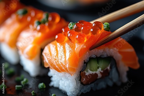 Delicious Salmon Sushi with Tobiko and Chopsticks photo