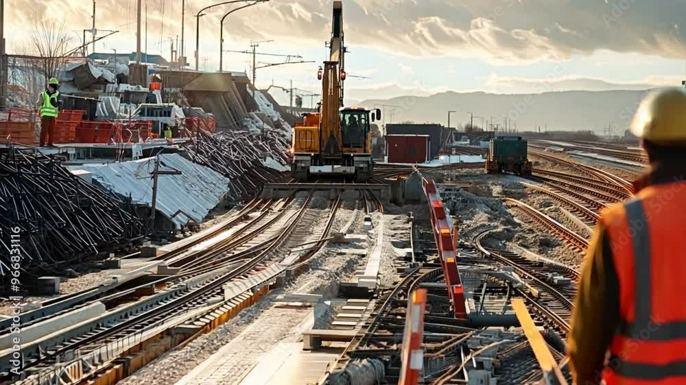Building Tomorrow's Tracks: A lone construction worker surveys the sprawling landscape of a railway construction site, heavy machinery and the promise of progress filling the horizon. 