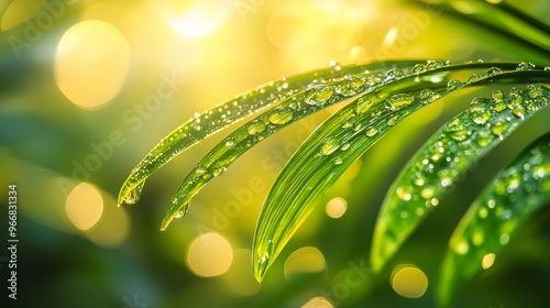 Dew Drops on Green Palm Leaves in Sunlight