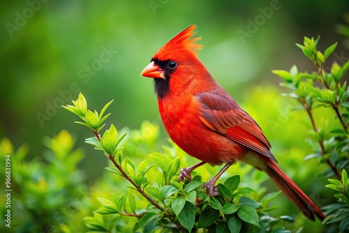 Red cardinal bird perched on green bush branch