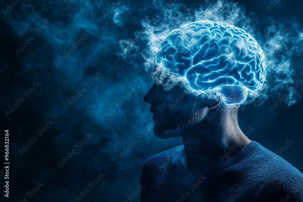 Fototapeta premium Neural computation thought amplification and cognitive fluctuation dark silhouette with glowing brain symbolizing mental illumination cognitive power and thought activation